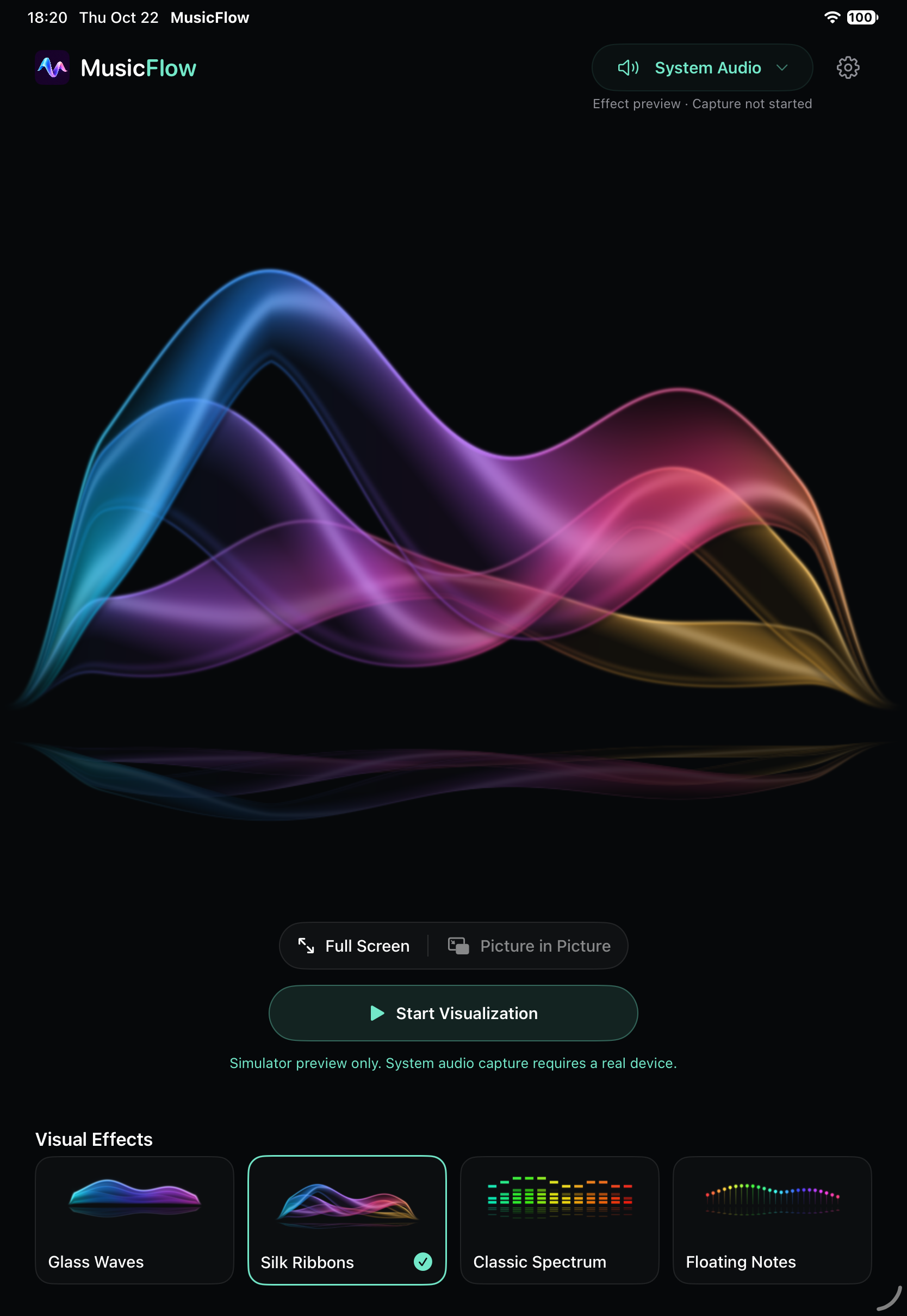 iPad 上的 MusicFlow 暗色界面，展示大幅流光丝带预览与四种效果选择。