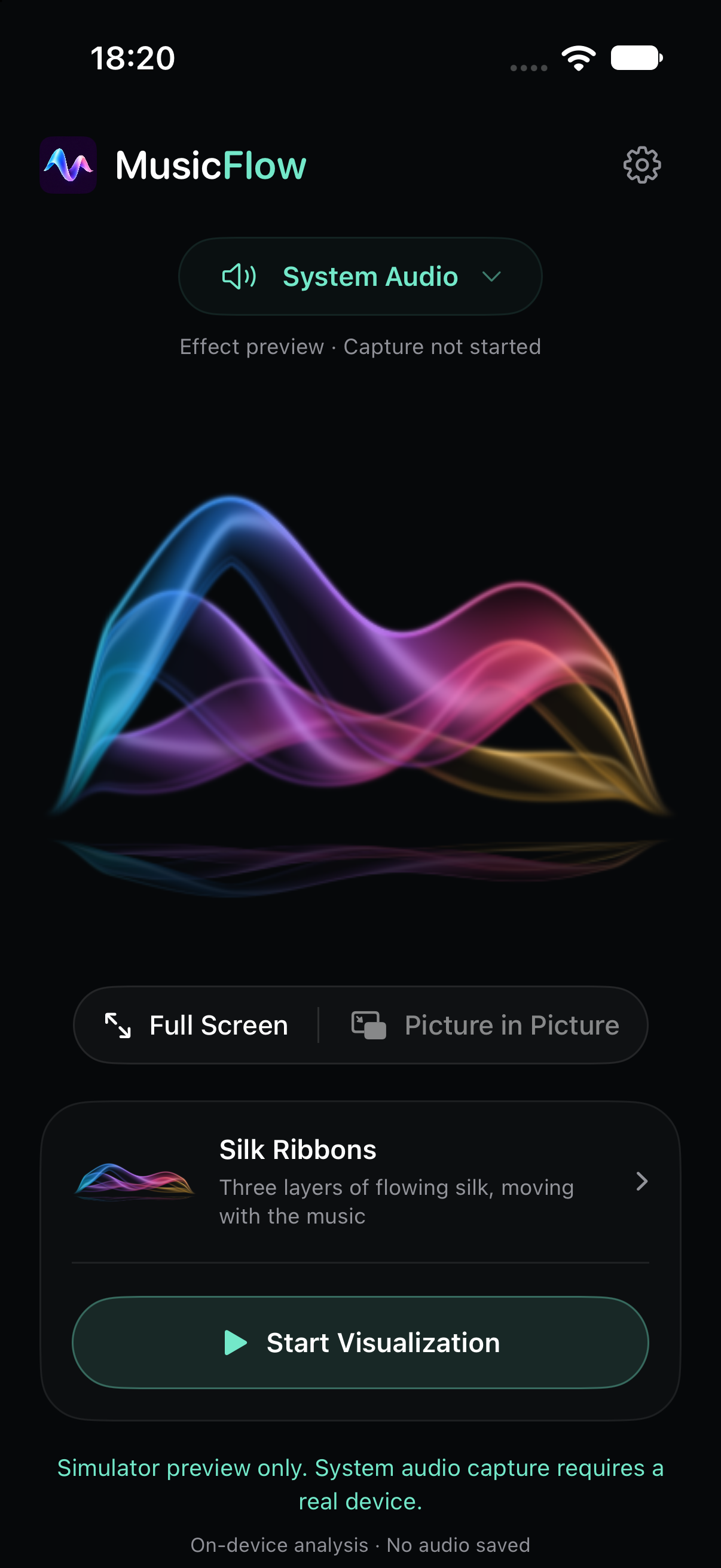 iPhone 上的 MusicFlow 暗色界面，展示流光丝带预览、系统音频输入与全屏控件。